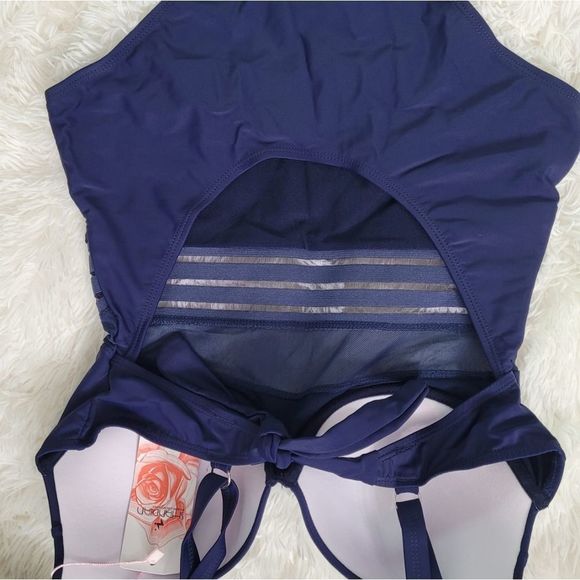 Navy blue European and American plus size swim suit women's one piece mesh plain - Picture 3 of 5